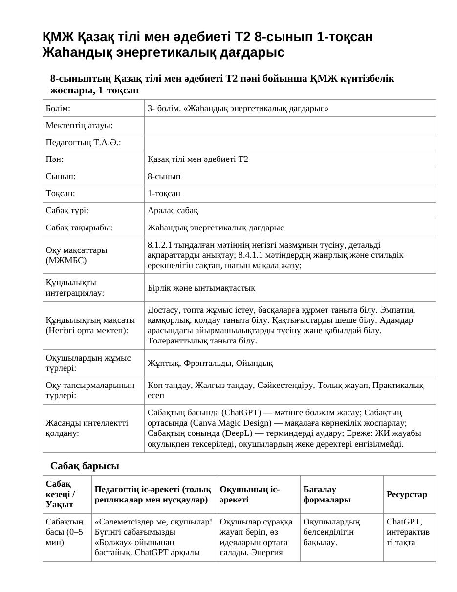 ҚМЖ Қазақ тілі мен әдебиеті Т2 8-сынып 1-тоқсан Жаһандық энергетикалық дағдарыс