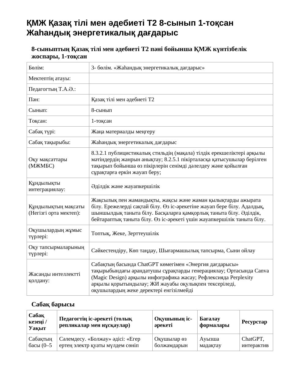 ҚМЖ Қазақ тілі мен әдебиеті Т2 8-сынып 1-тоқсан Жаһандық энергетикалық дағдарыс