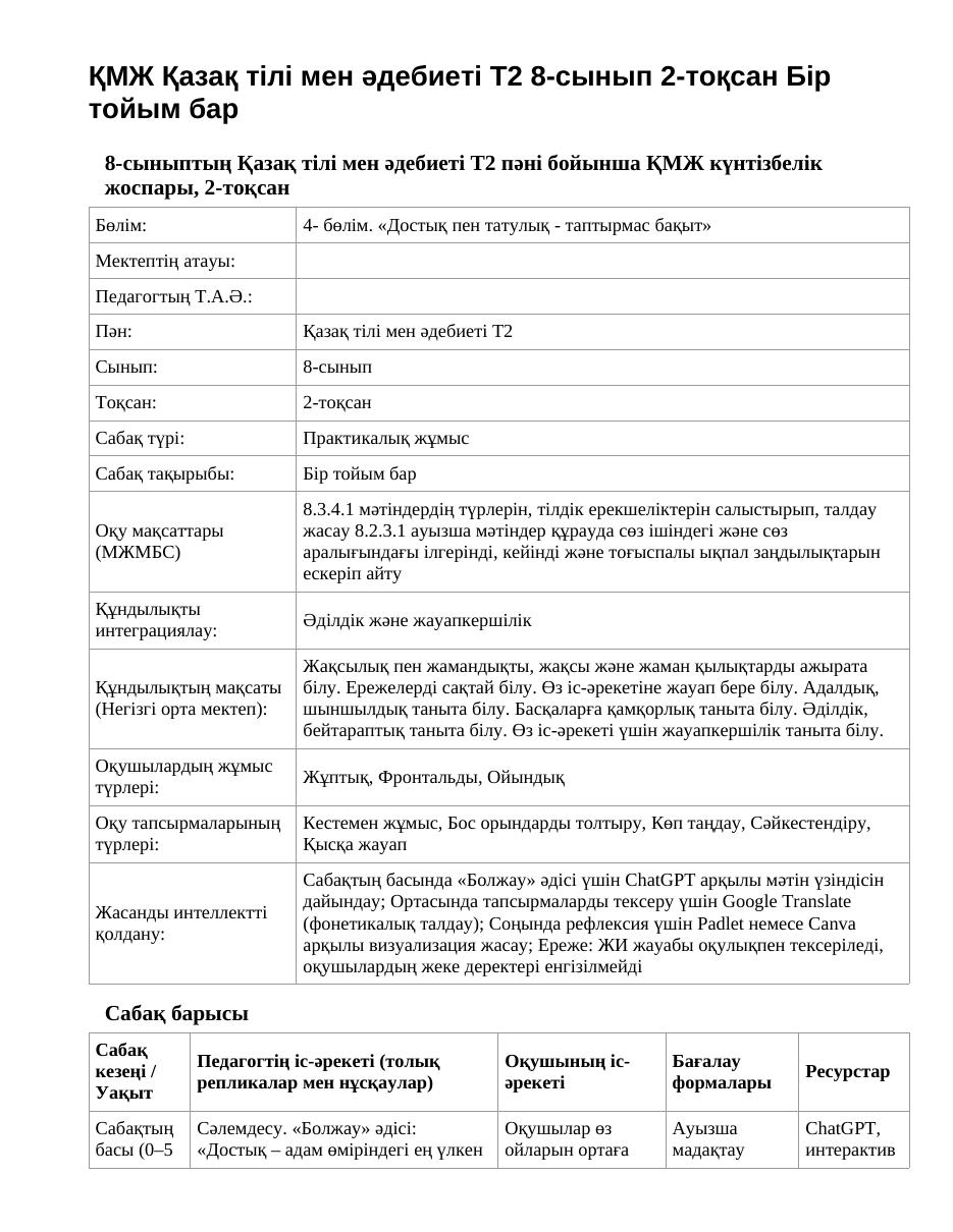 ҚМЖ Қазақ тілі мен әдебиеті Т2 8-сынып 2-тоқсан Бір тойым бар
