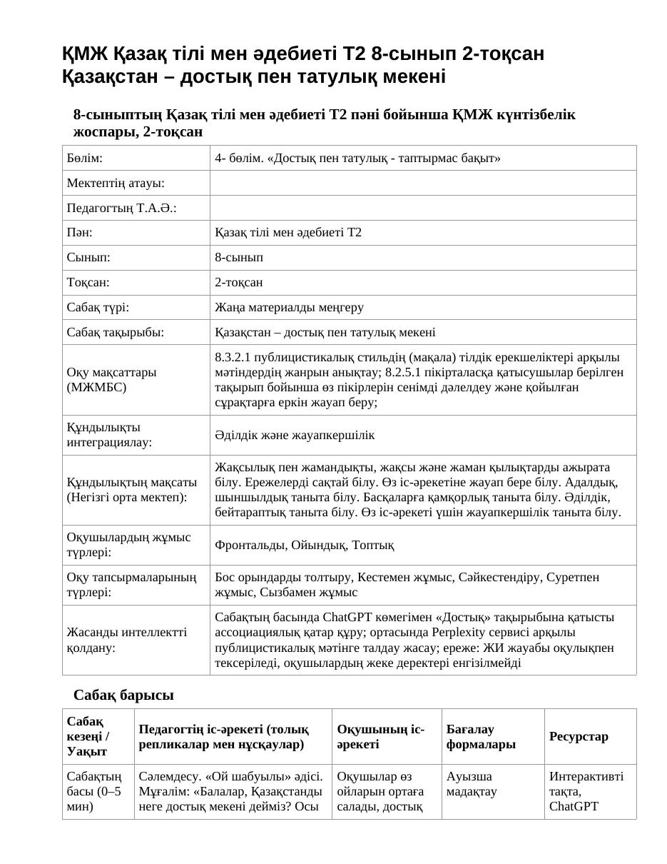 ҚМЖ Қазақ тілі мен әдебиеті Т2 8-сынып 2-тоқсан Қазақстан – достық пен татулық мекені