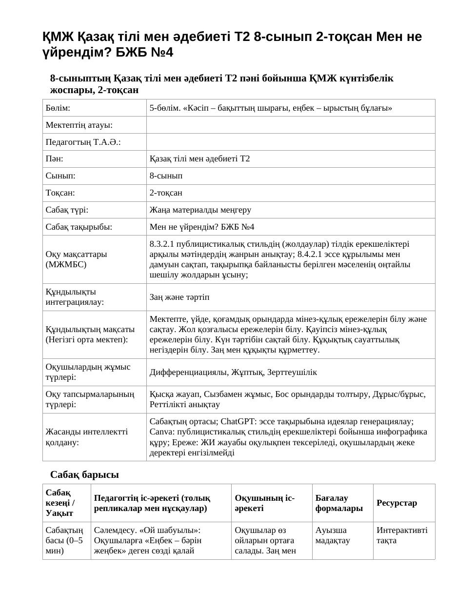 ҚМЖ Қазақ тілі мен әдебиеті Т2 8-сынып 2-тоқсан Мен не үйрендім? БЖБ №4