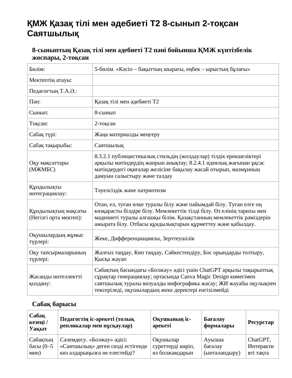 ҚМЖ Қазақ тілі мен әдебиеті Т2 8-сынып 2-тоқсан Саятшылық