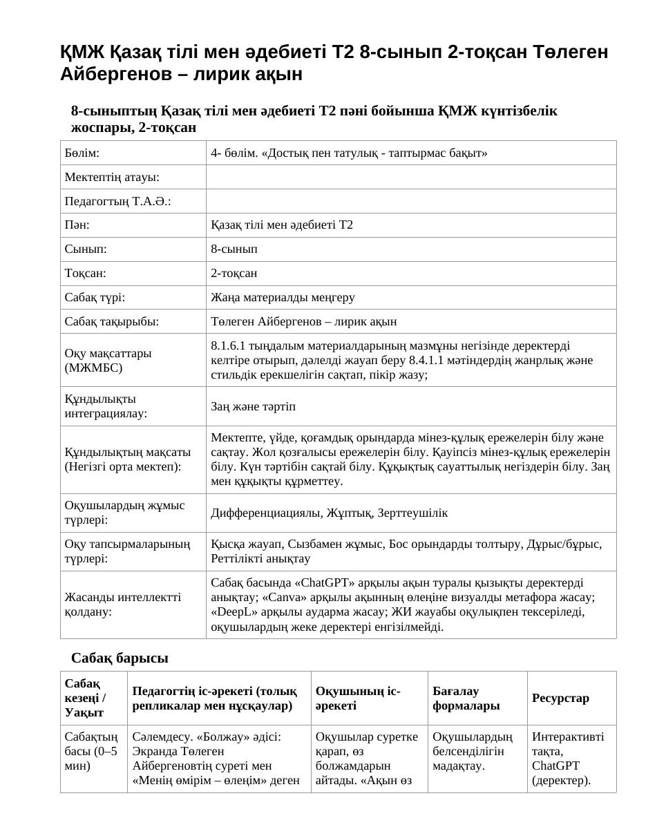 ҚМЖ Қазақ тілі мен әдебиеті Т2 8-сынып 2-тоқсан Төлеген Айбергенов – лирик ақын