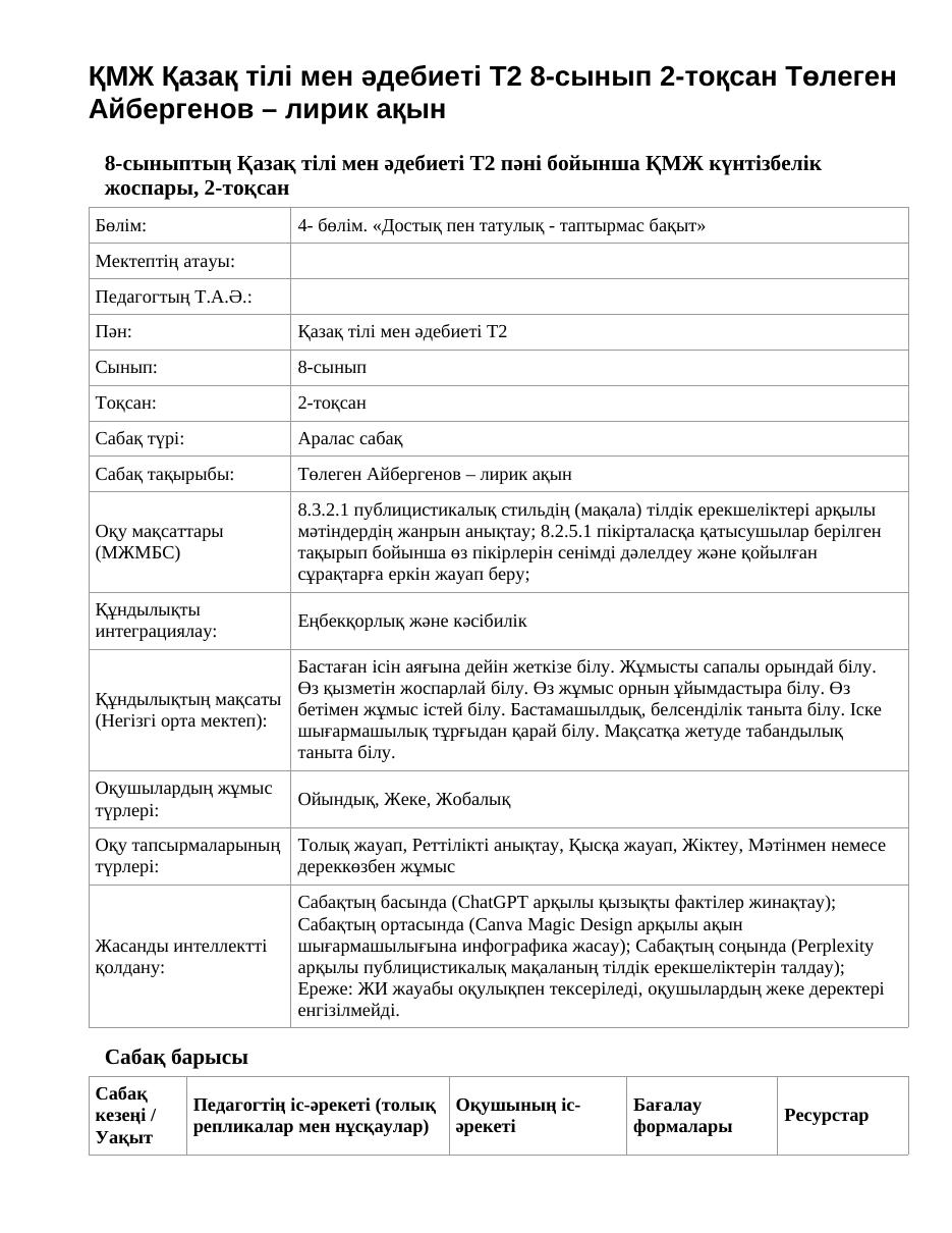 ҚМЖ Қазақ тілі мен әдебиеті Т2 8-сынып 2-тоқсан Төлеген Айбергенов – лирик ақын