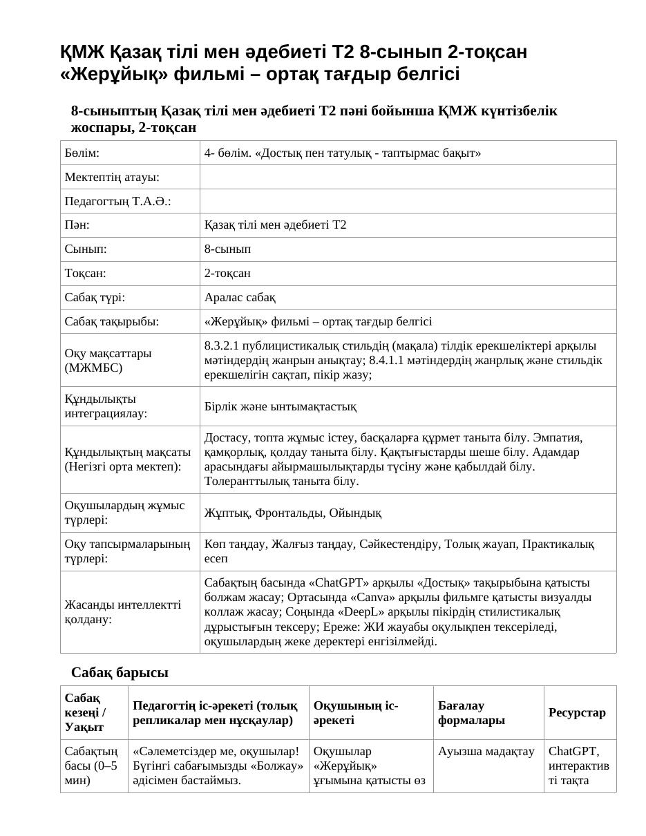 ҚМЖ Қазақ тілі мен әдебиеті Т2 8-сынып 2-тоқсан «Жерұйық» фильмі – ортақ тағдыр белгісі