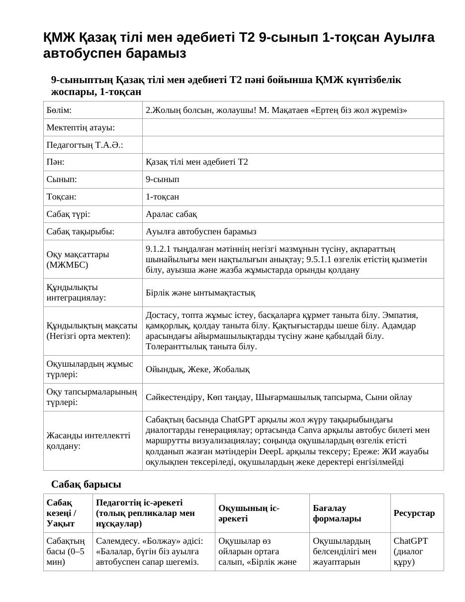 ҚМЖ Қазақ тілі мен әдебиеті Т2 9-сынып 1-тоқсан Ауылға автобуспен барамыз