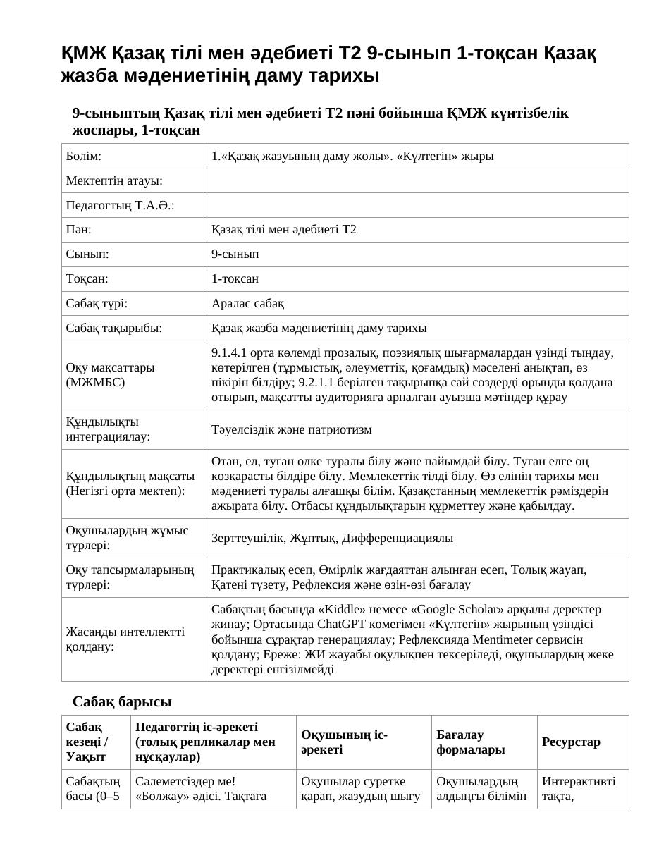 ҚМЖ Қазақ тілі мен әдебиеті Т2 9-сынып 1-тоқсан Қазақ жазба мәдениетінің даму тарихы