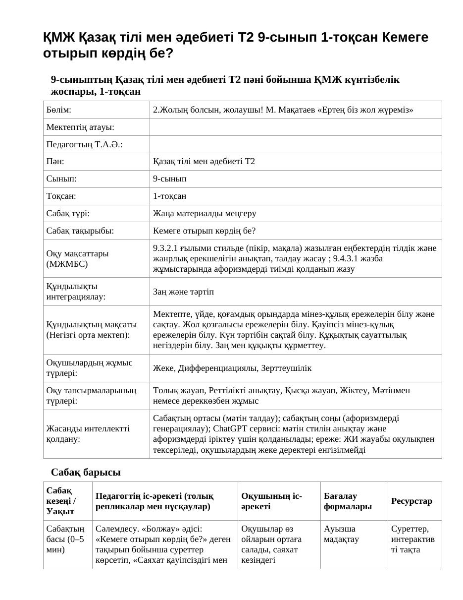 ҚМЖ Қазақ тілі мен әдебиеті Т2 9-сынып 1-тоқсан Кемеге отырып көрдің бе?