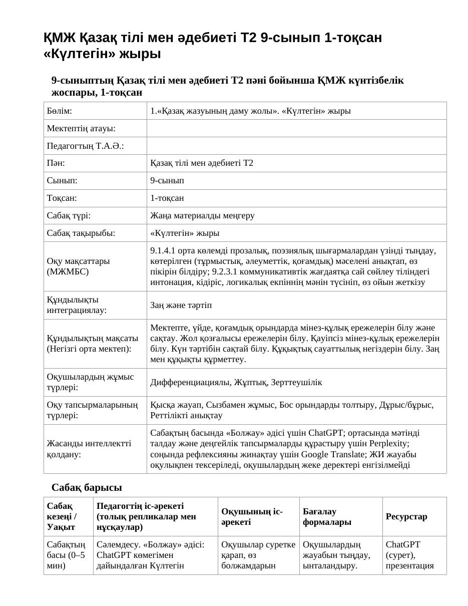 ҚМЖ Қазақ тілі мен әдебиеті Т2 9-сынып 1-тоқсан «Күлтегін» жыры