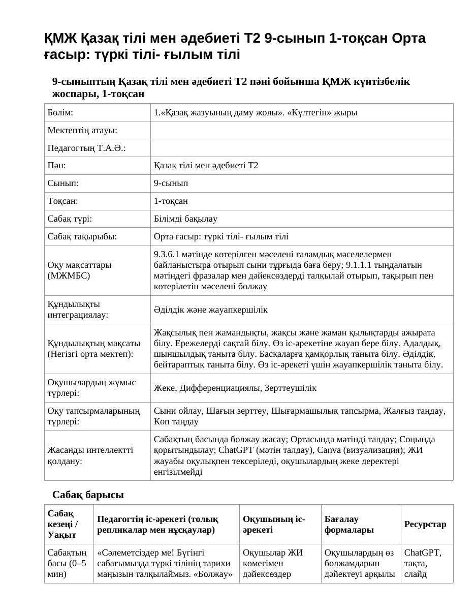 ҚМЖ Қазақ тілі мен әдебиеті Т2 9-сынып 1-тоқсан Орта ғасыр: түркі тілі- ғылым тілі
