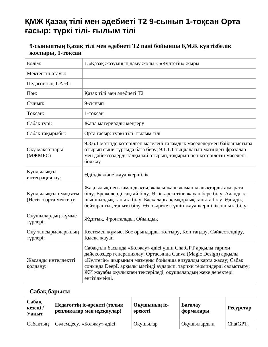ҚМЖ Қазақ тілі мен әдебиеті Т2 9-сынып 1-тоқсан Орта ғасыр: түркі тілі- ғылым тілі