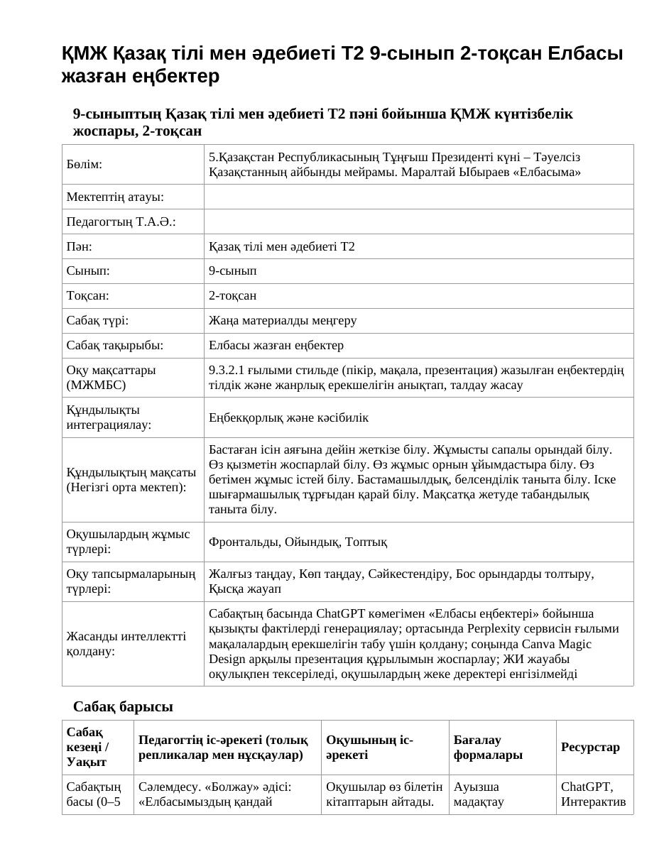 ҚМЖ Қазақ тілі мен әдебиеті Т2 9-сынып 2-тоқсан Елбасы жазған еңбектер