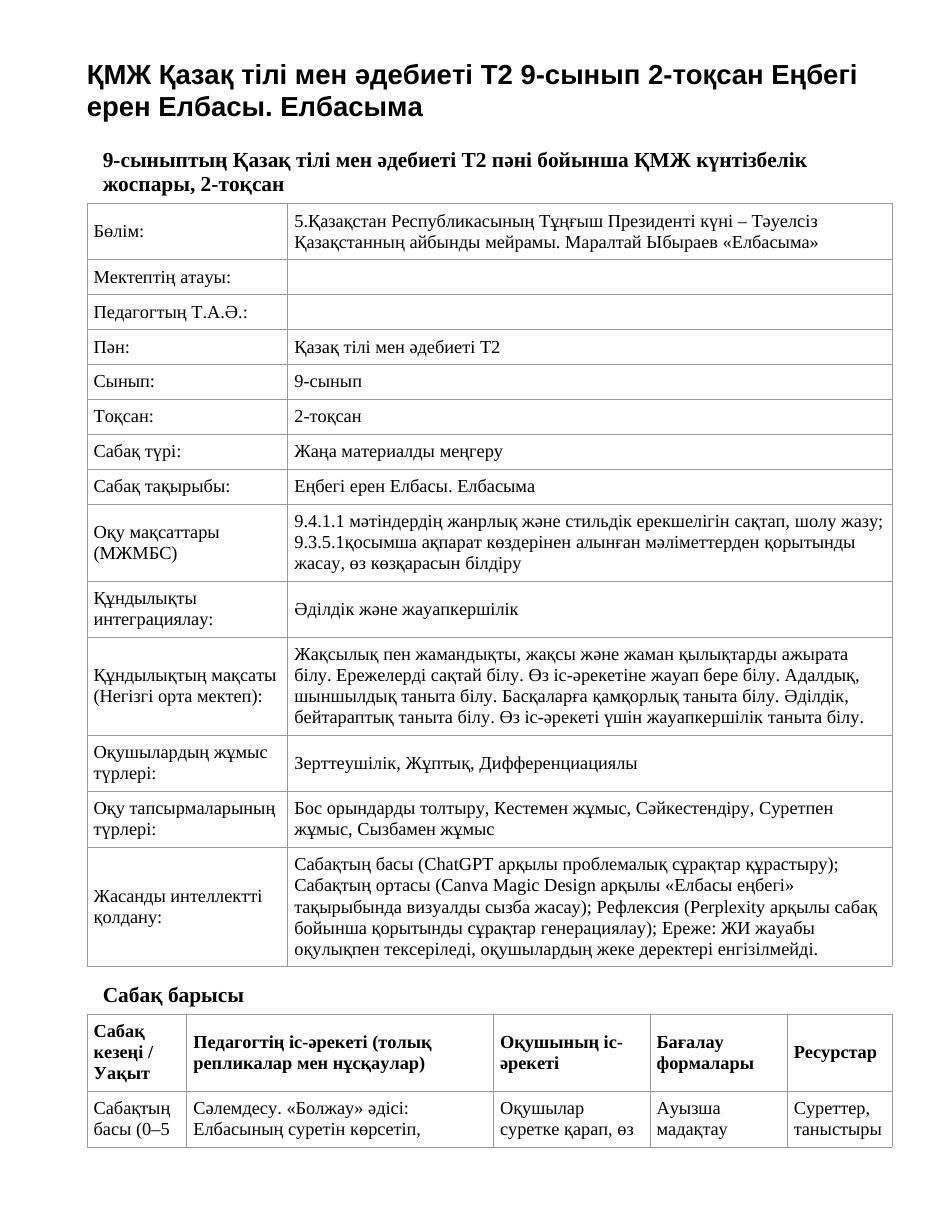 ҚМЖ Қазақ тілі мен әдебиеті Т2 9-сынып 2-тоқсан Еңбегі ерен Елбасы. Елбасыма