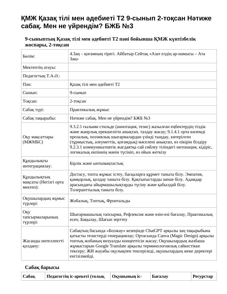 ҚМЖ Қазақ тілі мен әдебиеті Т2 9-сынып 2-тоқсан Нәтиже сабақ. Мен не үйрендім? БЖБ №3