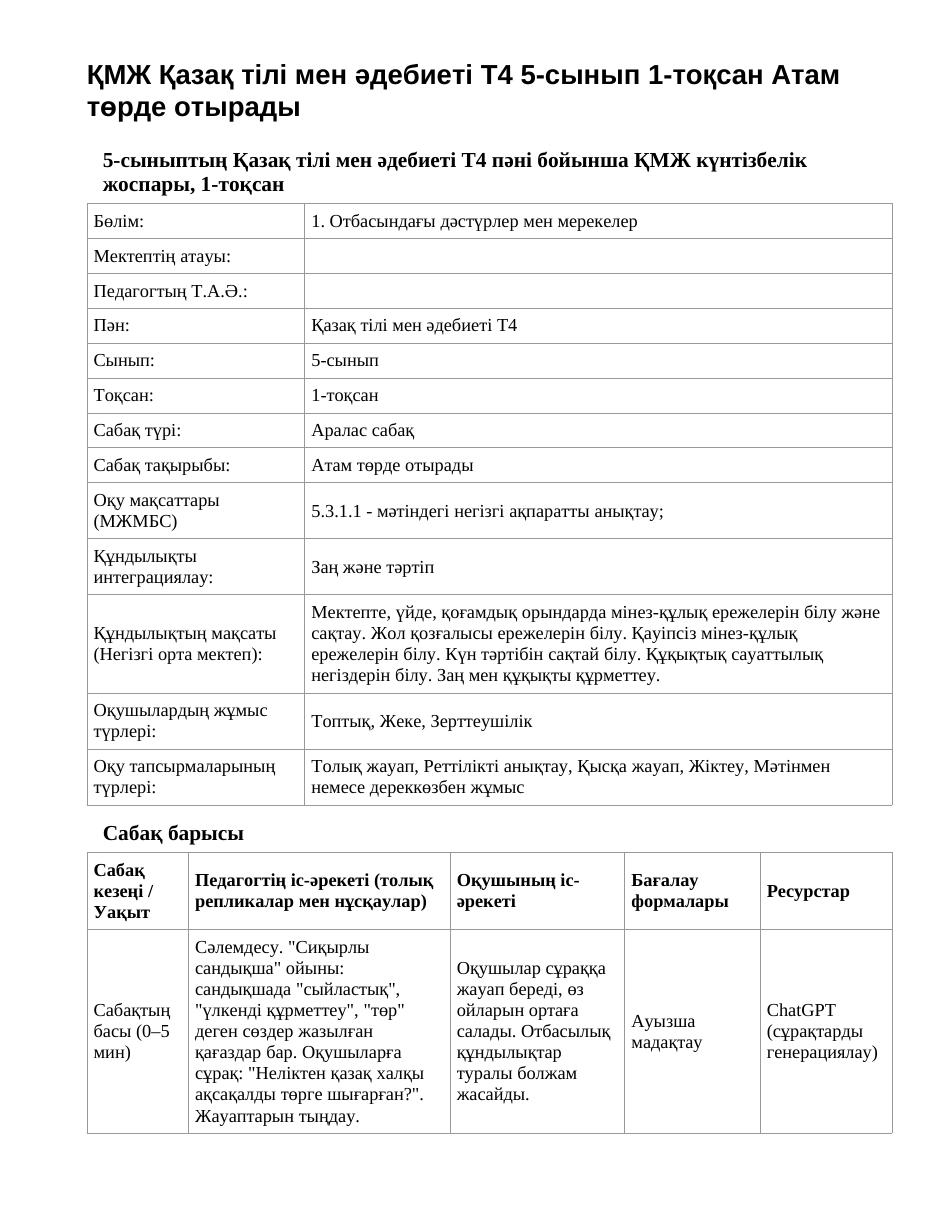 ҚМЖ Қазақ тілі мен әдебиеті Т4 5-сынып 1-тоқсан Атам төрде отырады