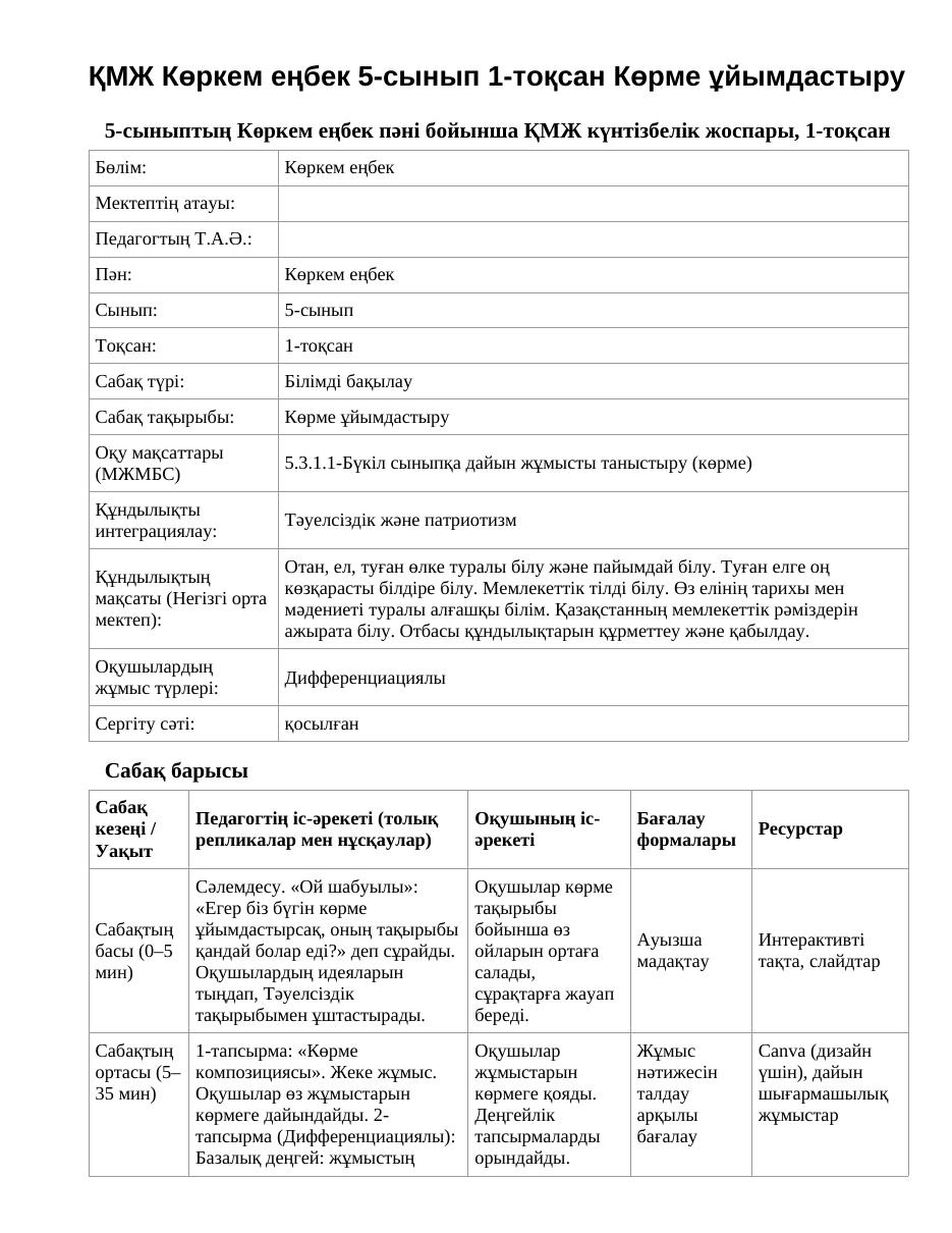 ҚМЖ Көркем еңбек 5-сынып 1-тоқсан Көрме ұйымдастыру