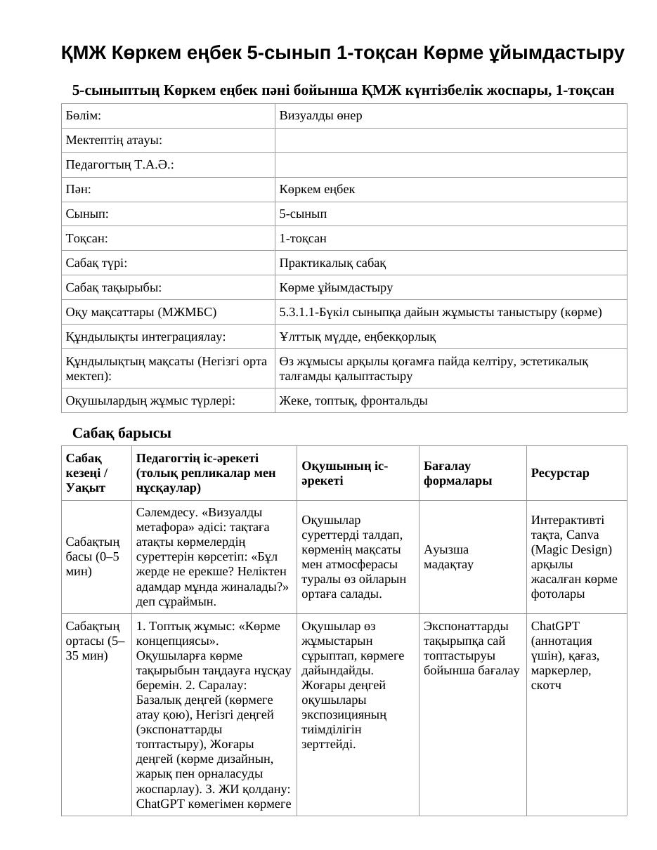 ҚМЖ Көркем еңбек 5-сынып 1-тоқсан Көрме ұйымдастыру