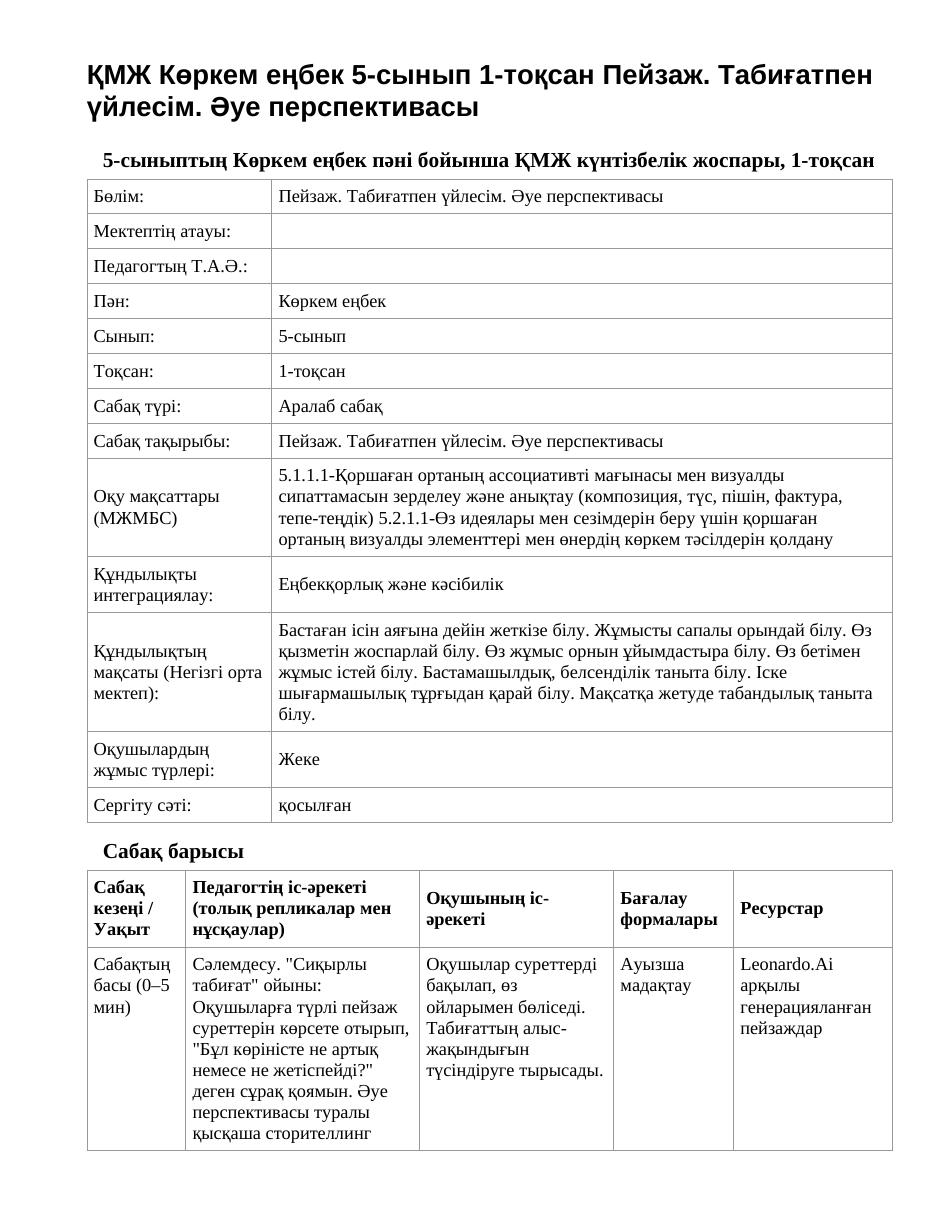 ҚМЖ Көркем еңбек 5-сынып 1-тоқсан Пейзаж. Табиғатпен үйлесім. Әуе перспективасы