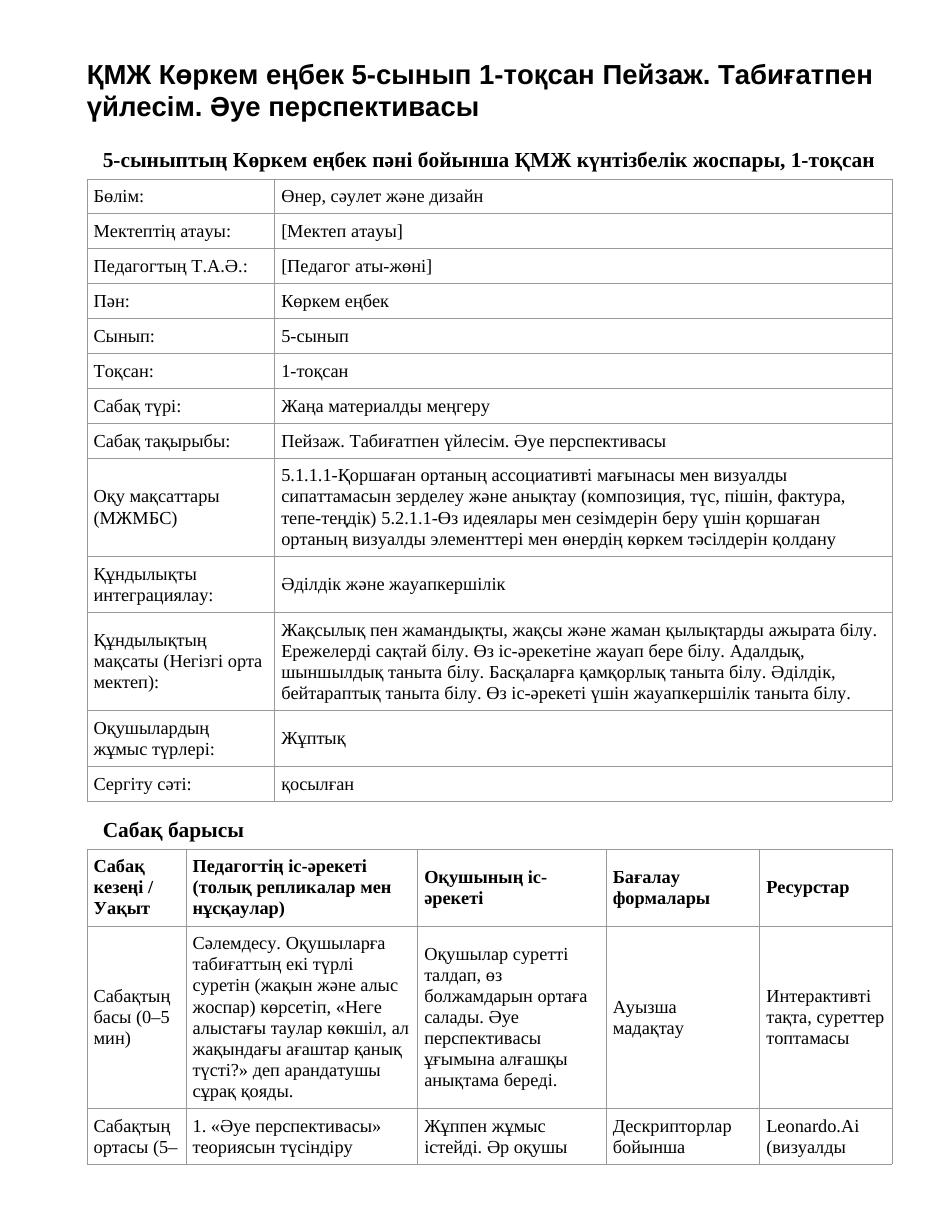 ҚМЖ Көркем еңбек 5-сынып 1-тоқсан Пейзаж. Табиғатпен үйлесім. Әуе перспективасы