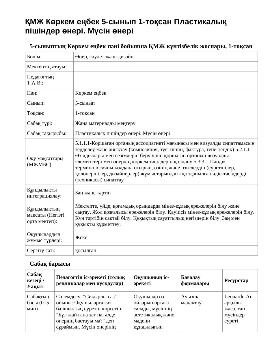ҚМЖ Көркем еңбек 5-сынып 1-тоқсан Пластикалық пішіндер өнері. Мүсін өнері
