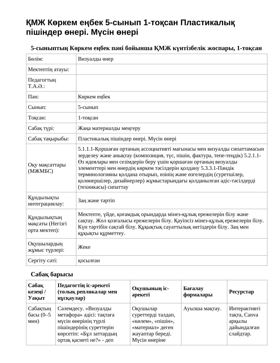 ҚМЖ Көркем еңбек 5-сынып 1-тоқсан Пластикалық пішіндер өнері. Мүсін өнері