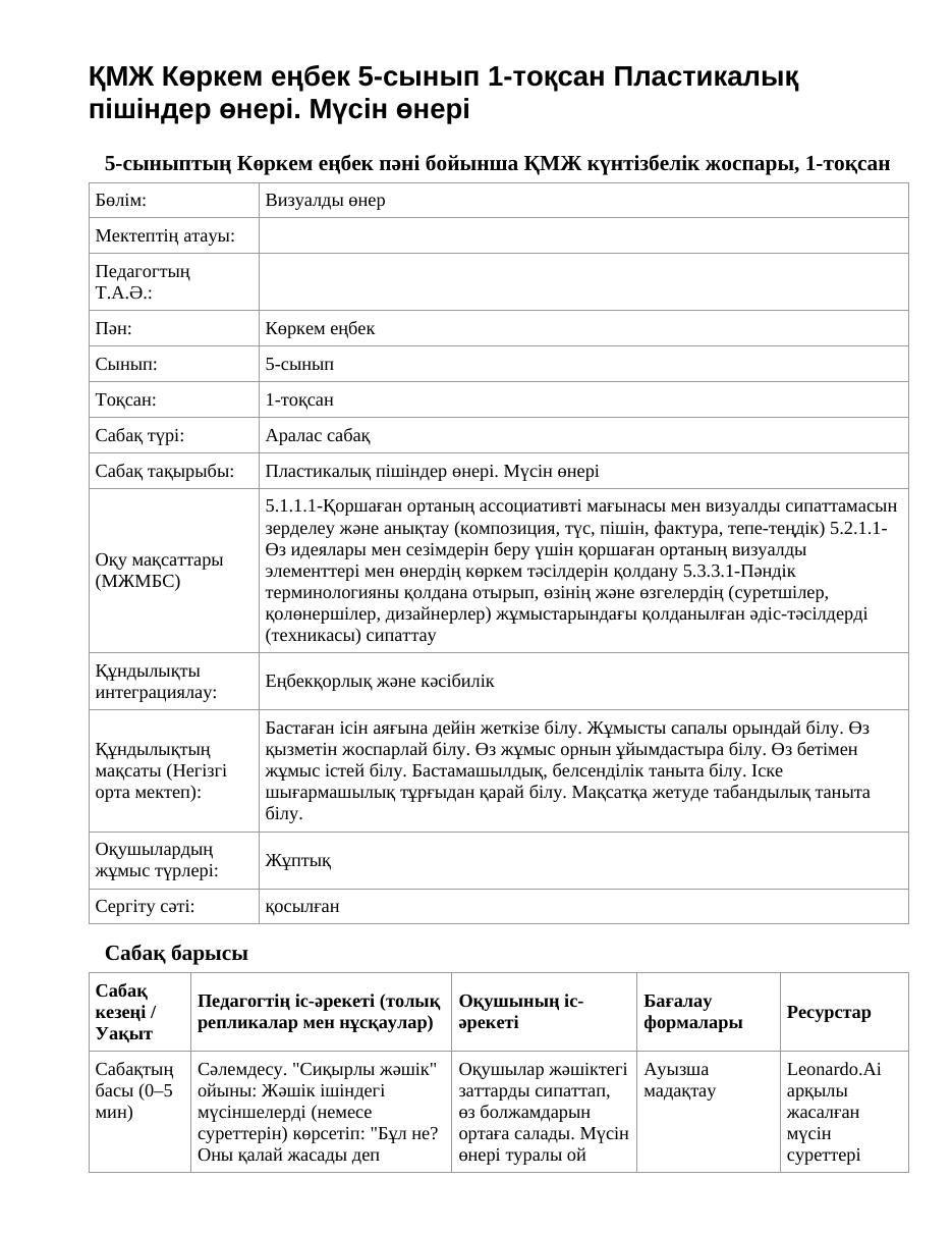 ҚМЖ Көркем еңбек 5-сынып 1-тоқсан Пластикалық пішіндер өнері. Мүсін өнері