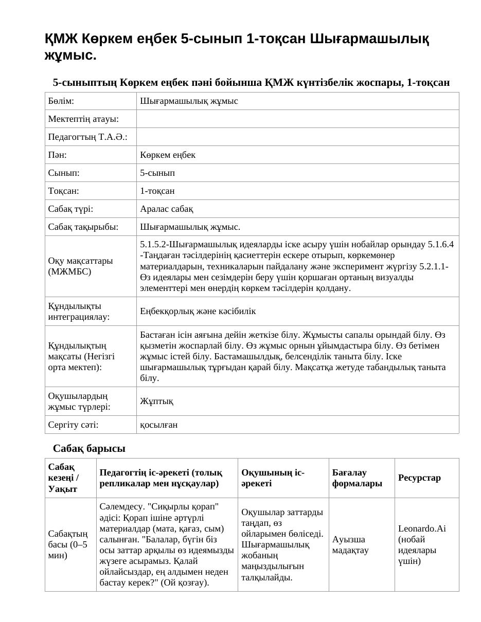 ҚМЖ Көркем еңбек 5-сынып 1-тоқсан Шығармашылық жұмыс.