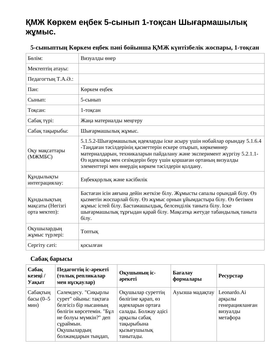 ҚМЖ Көркем еңбек 5-сынып 1-тоқсан Шығармашылық жұмыс.