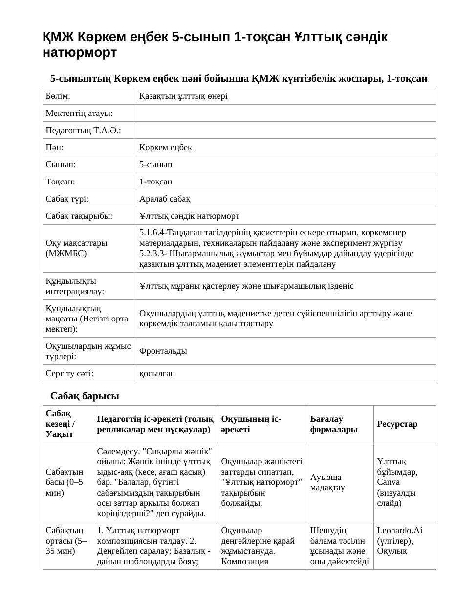 ҚМЖ Көркем еңбек 5-сынып 1-тоқсан Ұлттық сәндік натюрморт