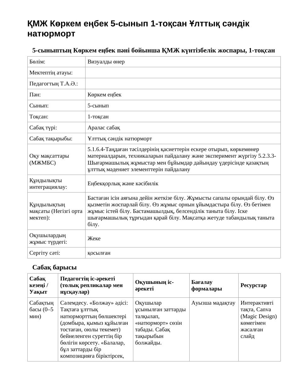 ҚМЖ Көркем еңбек 5-сынып 1-тоқсан Ұлттық сәндік натюрморт