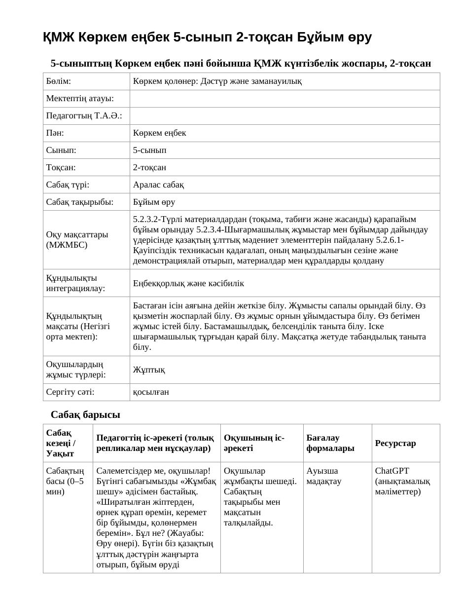 ҚМЖ Көркем еңбек 5-сынып 2-тоқсан Бұйым өру