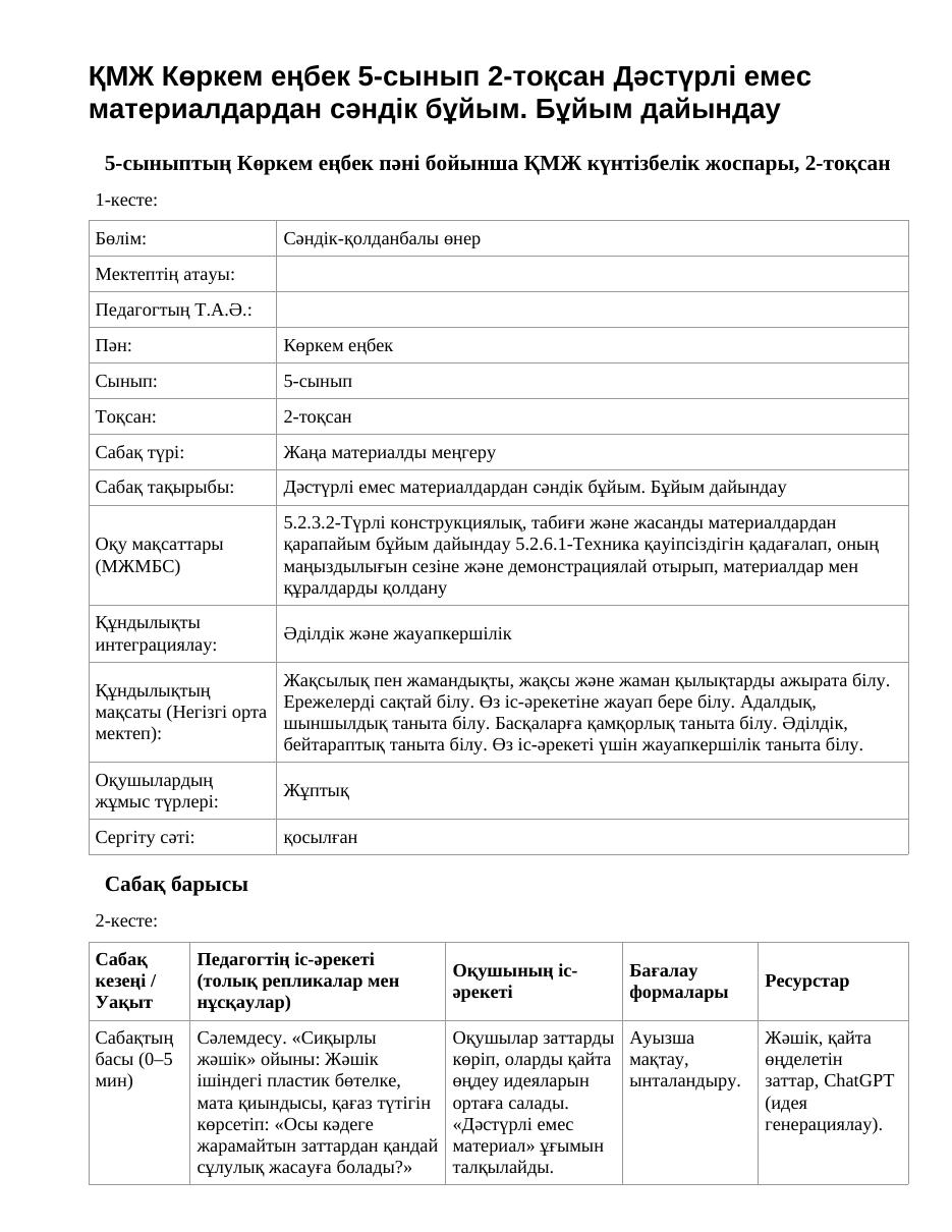 ҚМЖ Көркем еңбек 5-сынып 2-тоқсан Дәстүрлі емес материалдардан сәндік бұйым. Бұйым дайындау