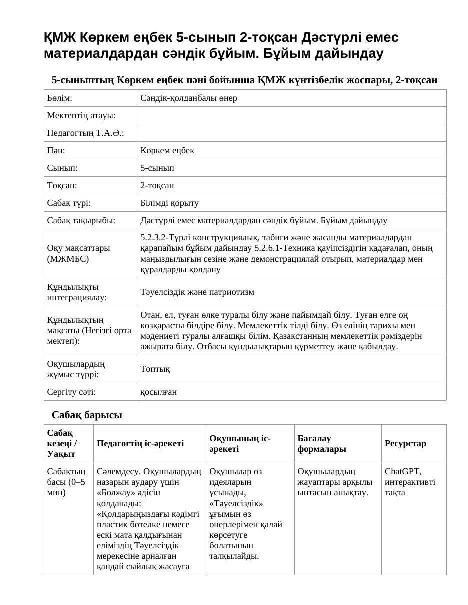 ҚМЖ Көркем еңбек 5-сынып 2-тоқсан Дәстүрлі емес материалдардан сәндік бұйым. Бұйым дайындау