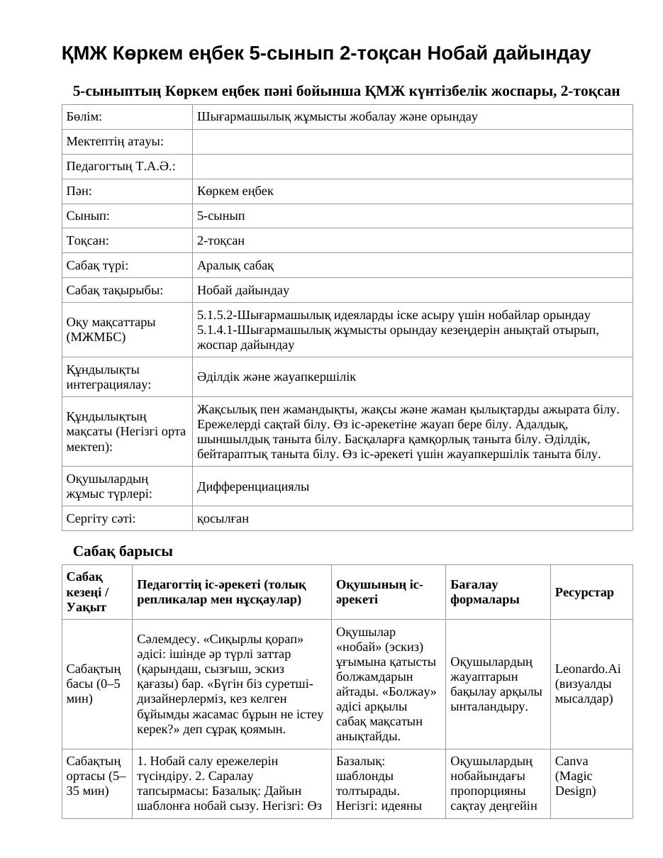 ҚМЖ Көркем еңбек 5-сынып 2-тоқсан Нобай дайындау