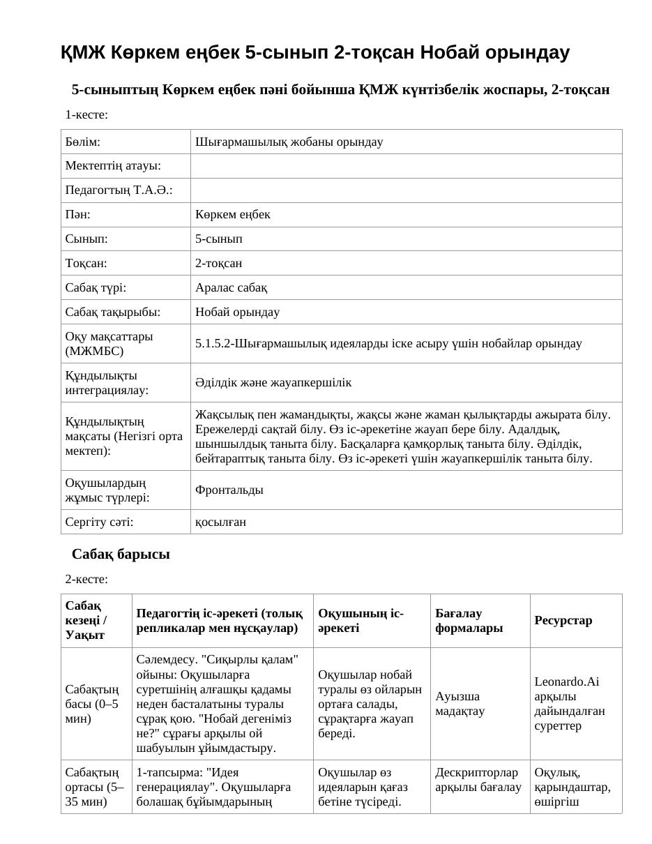 ҚМЖ Көркем еңбек 5-сынып 2-тоқсан Нобай орындау