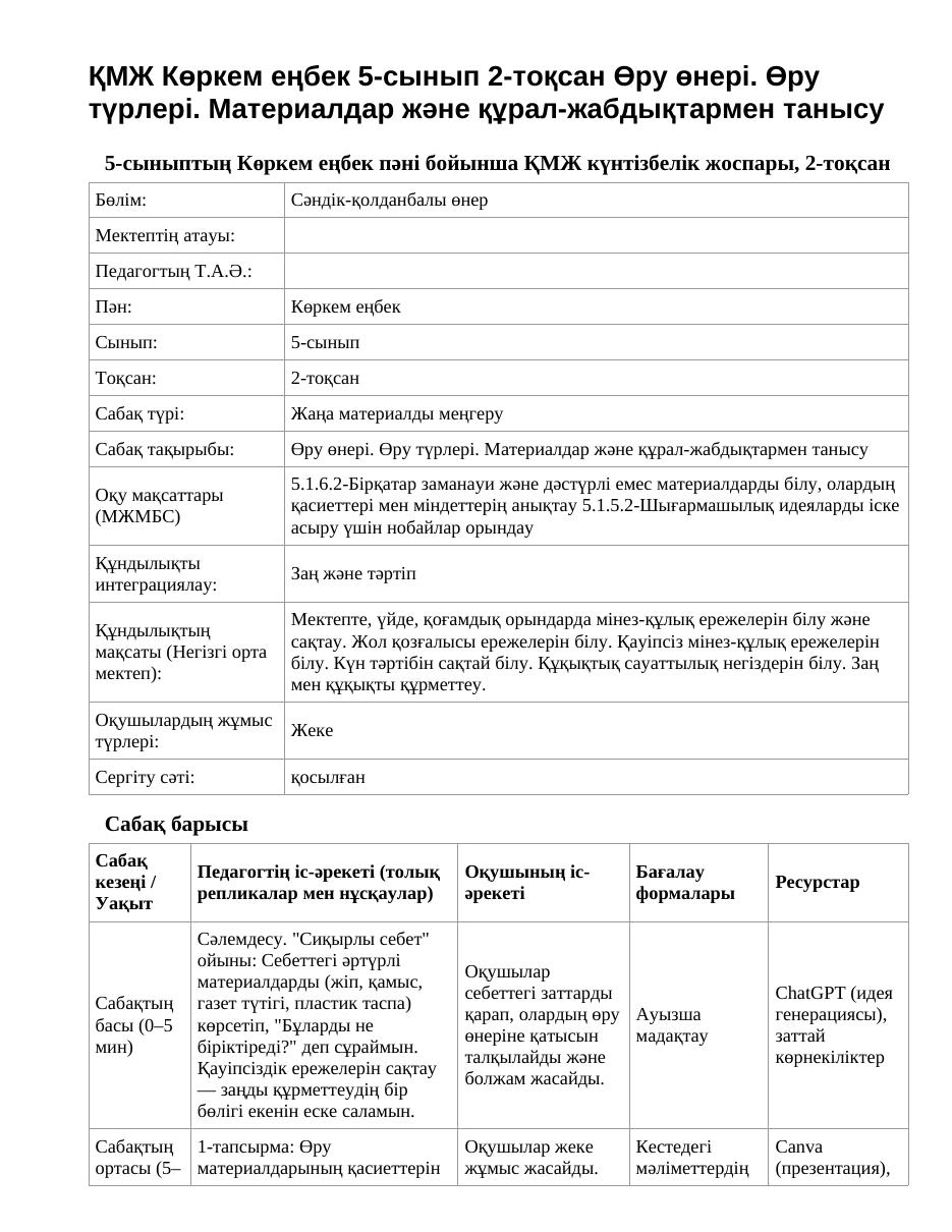 ҚМЖ Көркем еңбек 5-сынып 2-тоқсан Өру өнері. Өру түрлері. Материалдар және құрал-жабдықтармен танысу