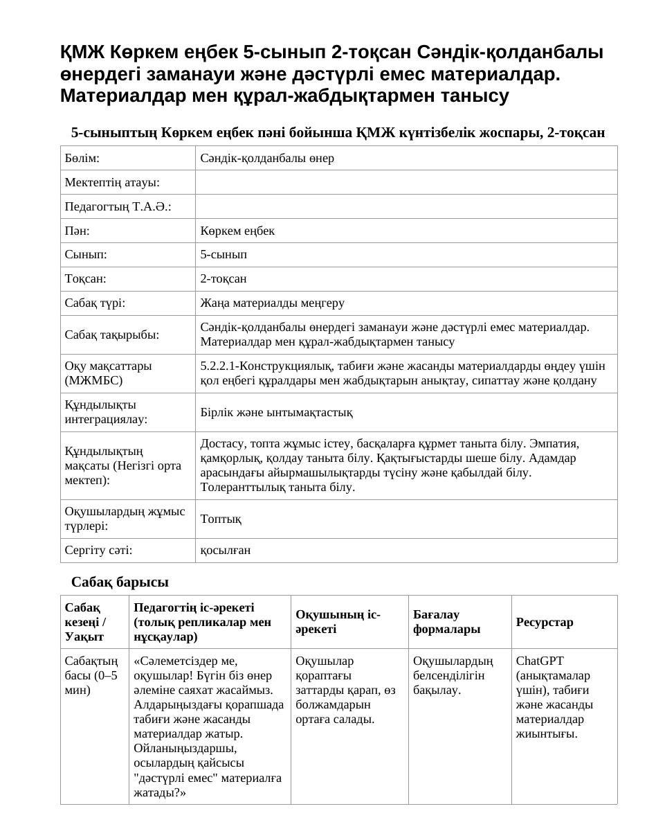 ҚМЖ Көркем еңбек 5-сынып 2-тоқсан Сәндік-қолданбалы өнердегі заманауи және дәстүрлі емес материалдар. Материалдар мен құрал-жабдықтармен танысу