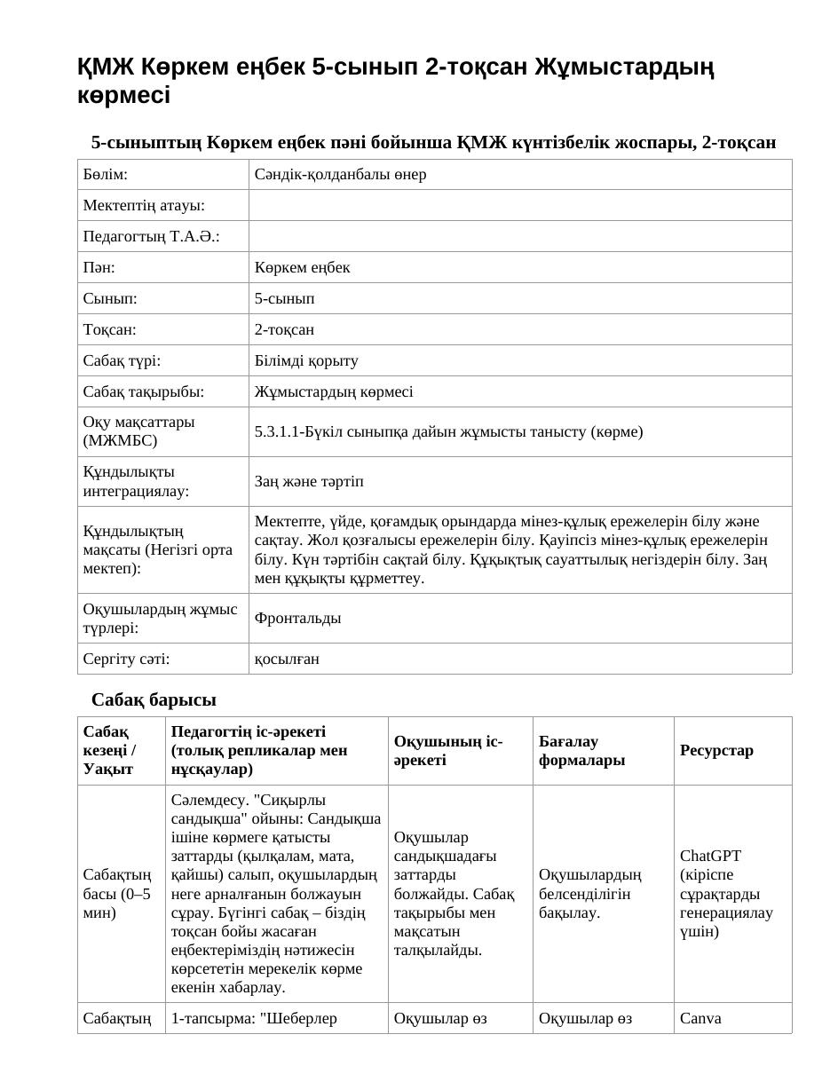 ҚМЖ Көркем еңбек 5-сынып 2-тоқсан Жұмыстардың көрмесі