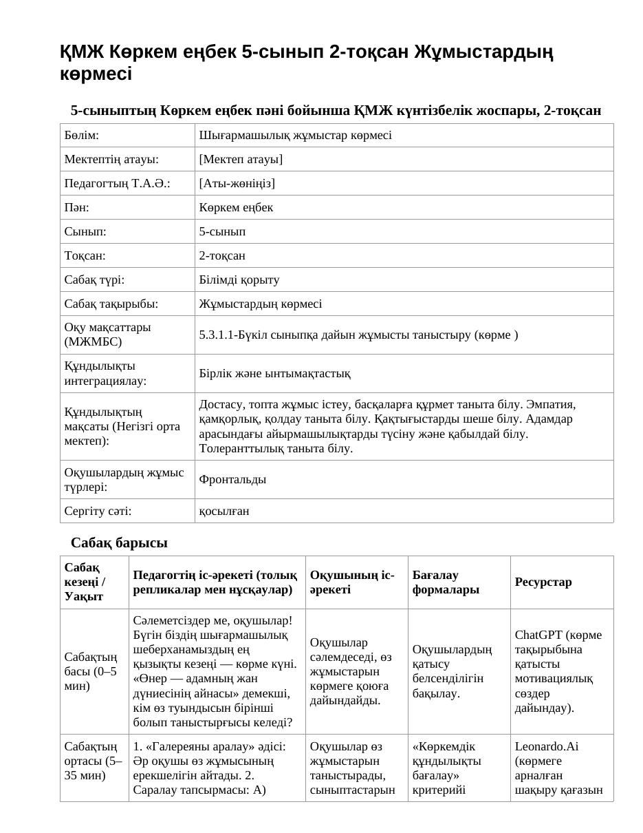 ҚМЖ Көркем еңбек 5-сынып 2-тоқсан Жұмыстардың көрмесі