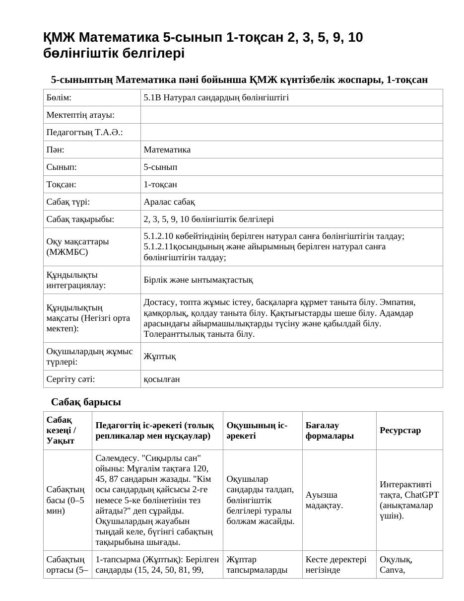 ҚМЖ Математика 5-сынып 1-тоқсан 2, 3, 5, 9, 10 бөлінгіштік белгілері