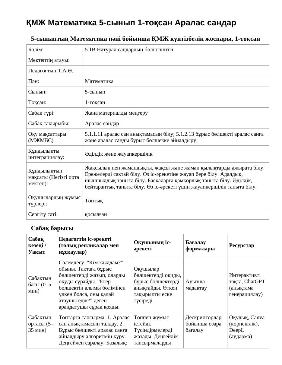 ҚМЖ Математика 5-сынып 1-тоқсан Аралас сандар