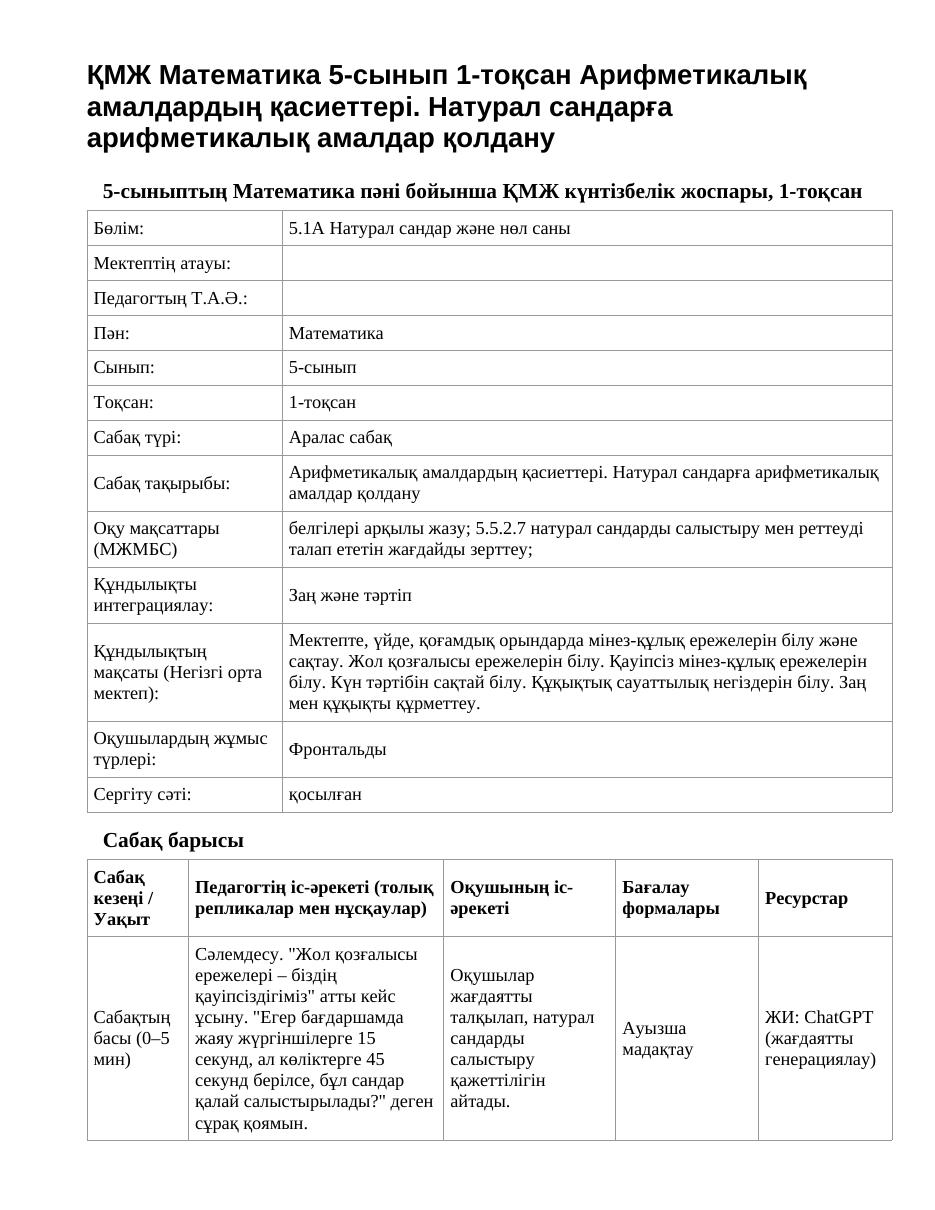 ҚМЖ Математика 5-сынып 1-тоқсан Арифметикалық амалдардың қасиеттері. Натурал сандарға арифметикалық амалдар қолдану