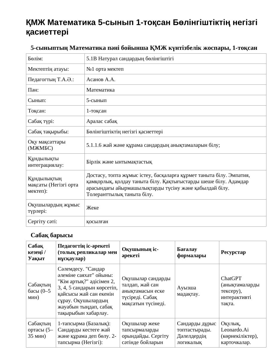 ҚМЖ Математика 5-сынып 1-тоқсан Бөлінгіштіктің негізгі қасиеттері