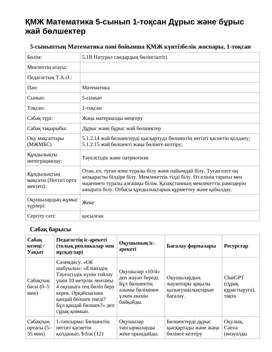 ҚМЖ Математика 5-сынып 1-тоқсан Дұрыс және бұрыс жай бөлшектер