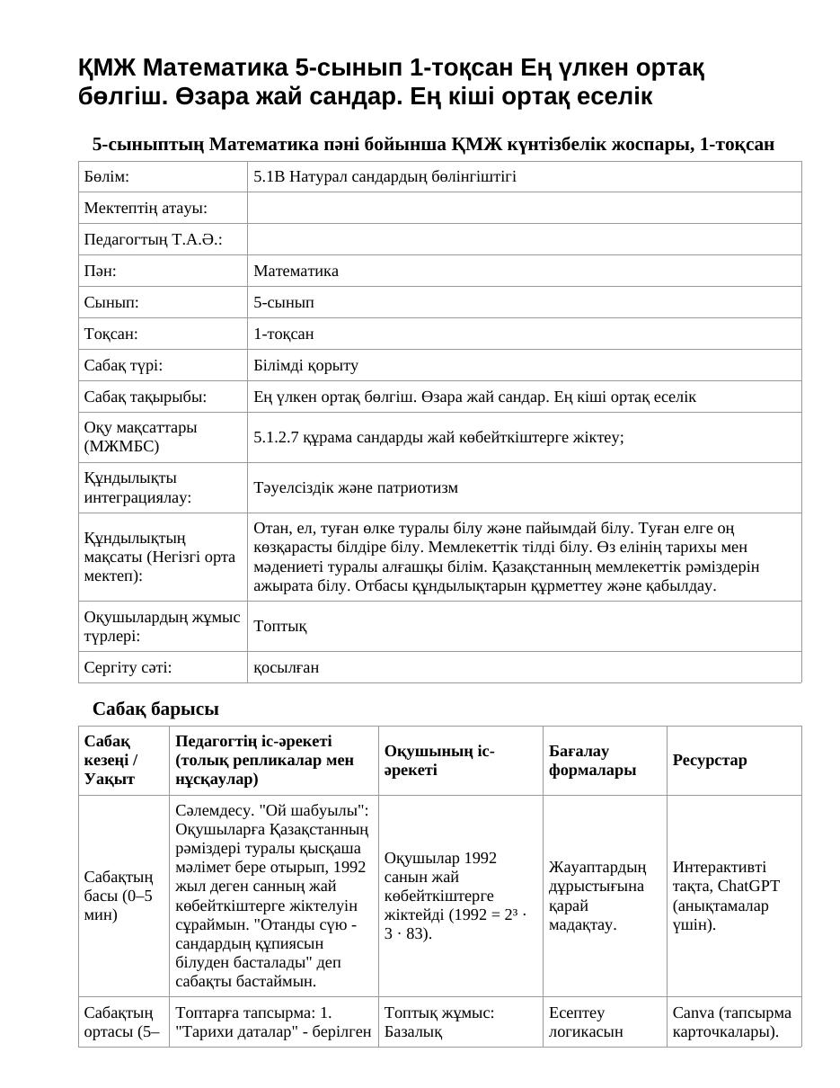 ҚМЖ Математика 5-сынып 1-тоқсан Ең үлкен ортақ бөлгіш. Өзара жай сандар. Ең кіші ортақ еселік