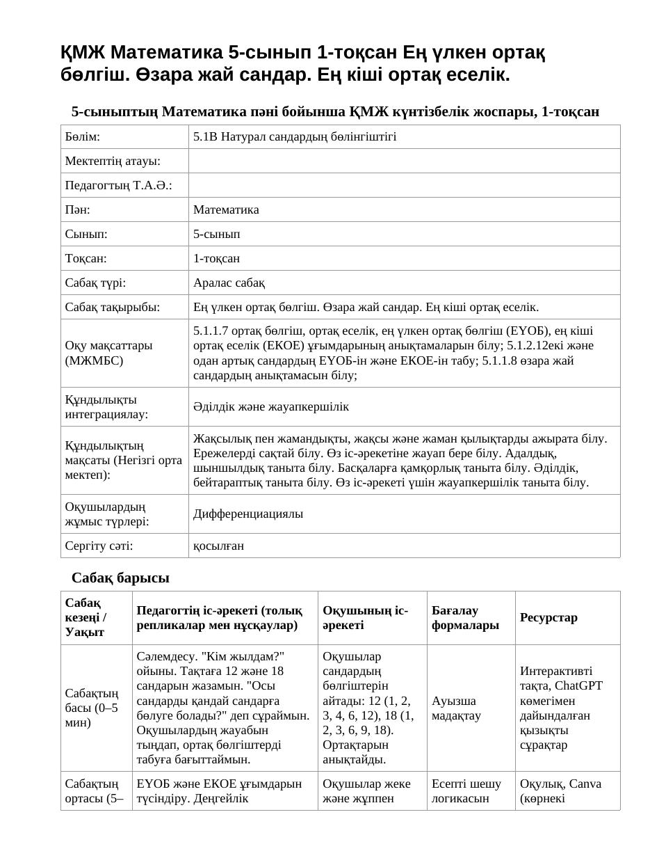 ҚМЖ Математика 5-сынып 1-тоқсан Ең үлкен ортақ бөлгіш. Өзара жай сандар. Ең кіші ортақ еселік.