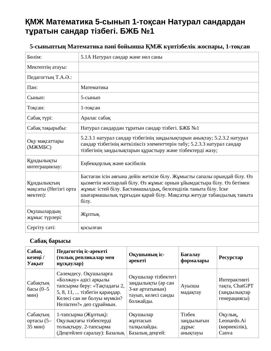 ҚМЖ Математика 5-сынып 1-тоқсан Натурал сандардан тұратын сандар тізбегі. БЖБ №1