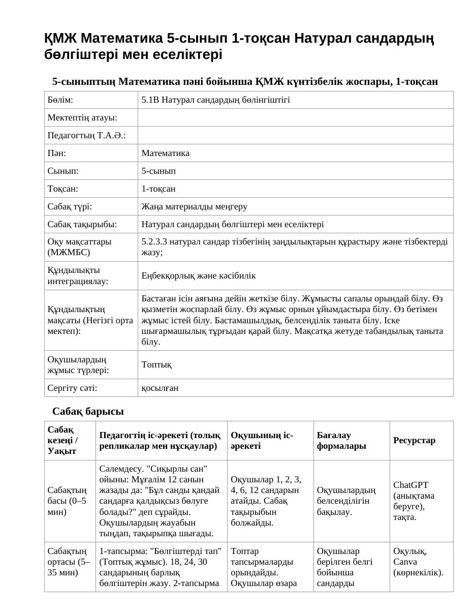 ҚМЖ Математика 5-сынып 1-тоқсан Натурал сандардың бөлгіштері мен еселіктері