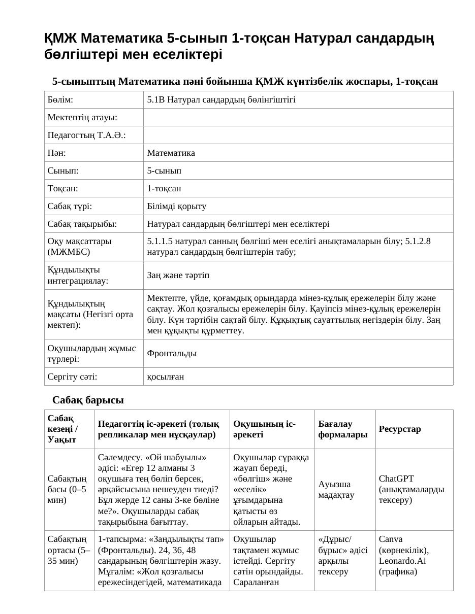 ҚМЖ Математика 5-сынып 1-тоқсан Натурал сандардың бөлгіштері мен еселіктері