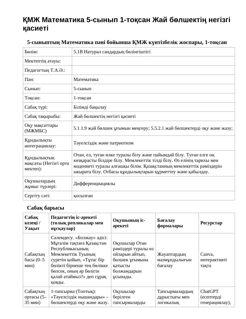 ҚМЖ Математика 5-сынып 1-тоқсан Жай бөлшектің негізгі қасиеті